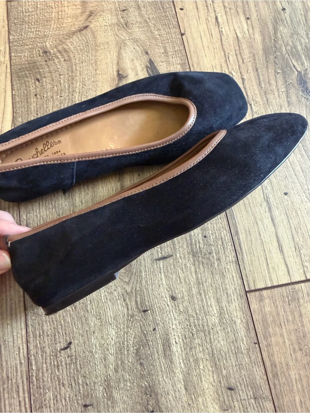 Seychelles Black Suede Square-Toe Ballet Flats with Tan Trim - Size 7